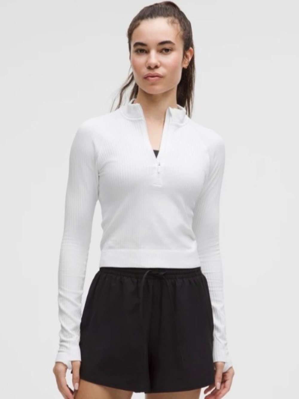 lululemon Rest Less Cropped Half Zip Long Sleeve Top Ribbed White Excellent